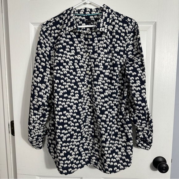 Talbots XL Navy and White Elephant Print Blouse, cotton, roll sleeves w/tab - Picture 1 of 9